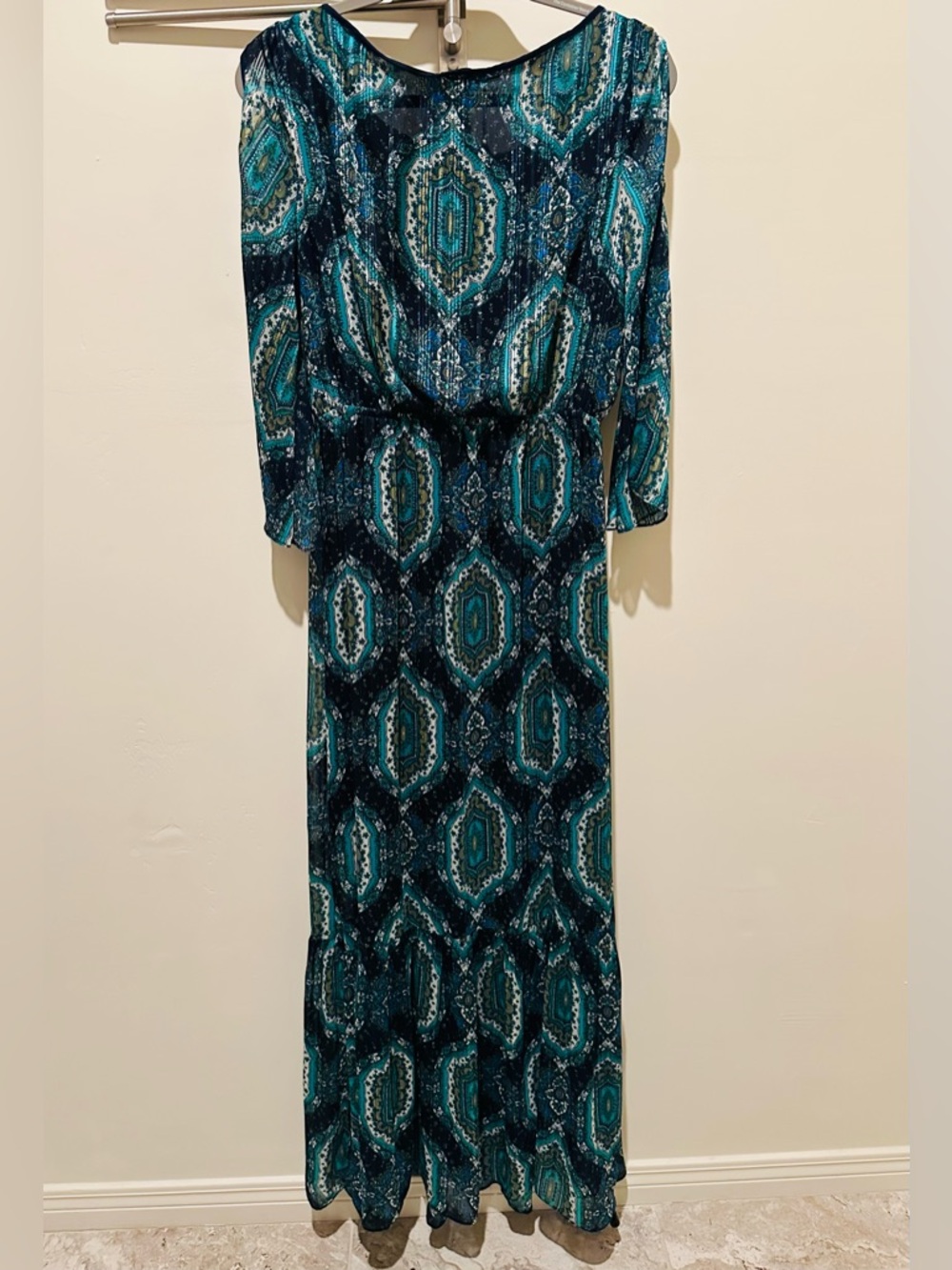 ECI Teal and Navy Printed Maxi Dress with Tie Neck - Picture 2 of 6